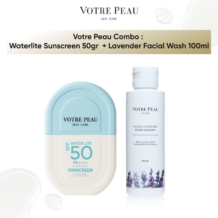 Votre Peau Combo : Water Lite Sunscreen SPF 50PA++++ & Lavender Facial Wash 100ml
